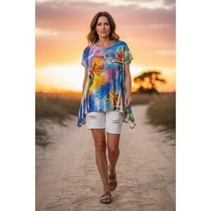 Impulse California Tunic Top Women Tropical Bird of Paradise Lace Sharkbite M